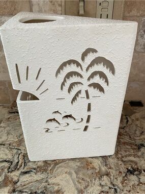 Cream Ceramic Tropical Palm Tree and Dolphin Cutout Wall Decor/Light